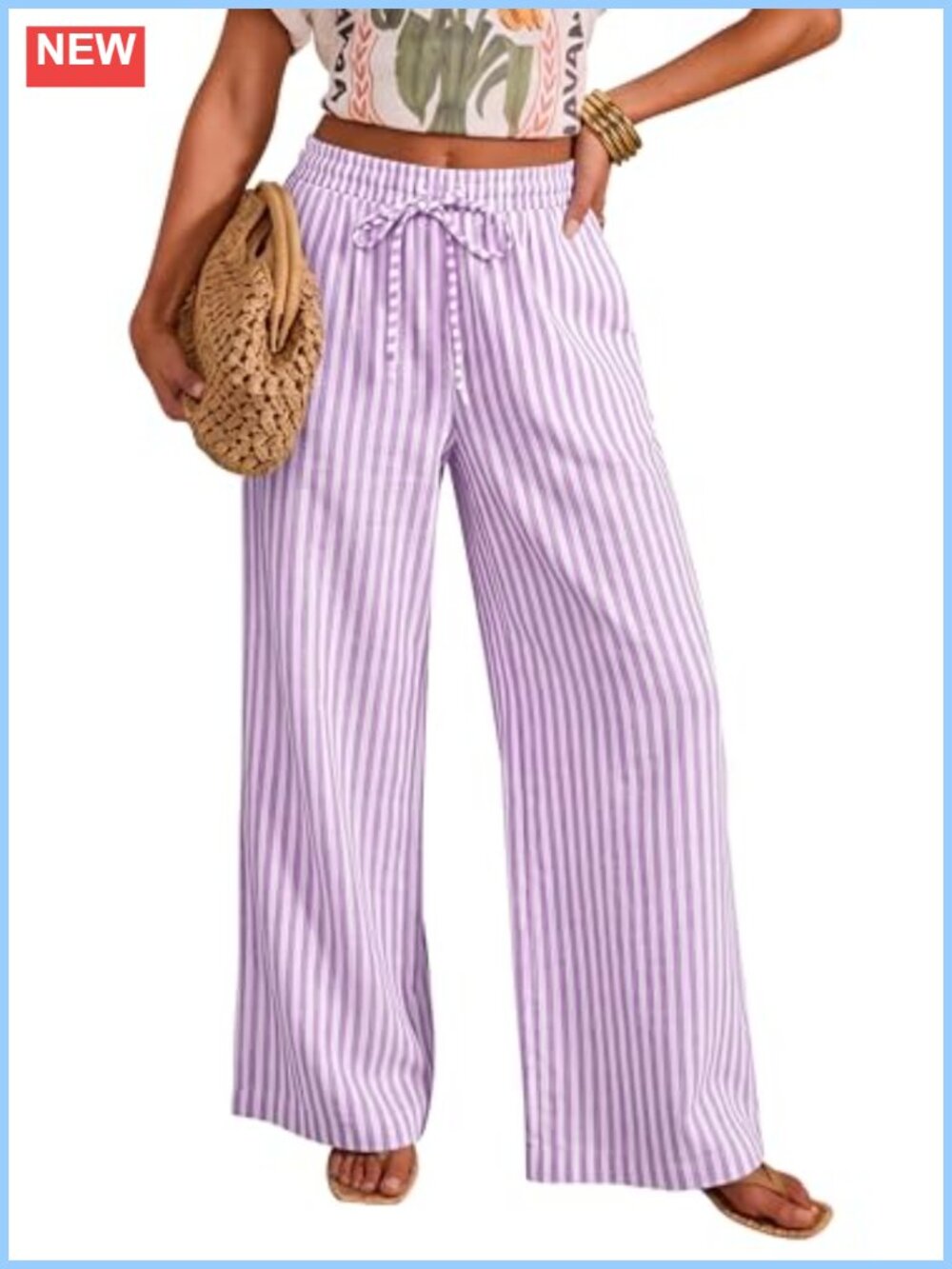 Cotton Striped Wide Leg Palazzo Lounge Pants Drawstring High Waist